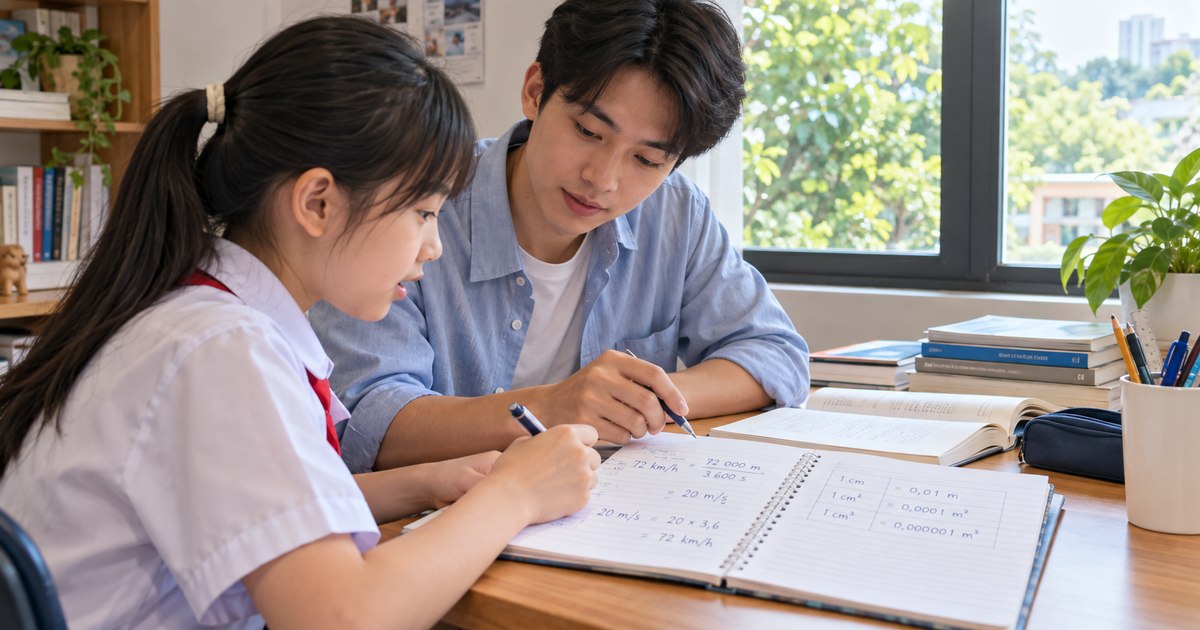 Gia sư và học sinh Việt Nam trong buổi học về bài tập vật lý sai đổi đơn vị
