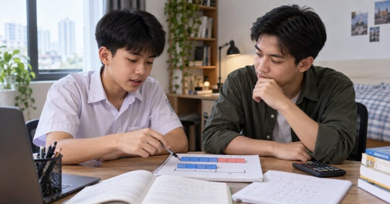 Gia sư và học sinh Việt Nam trong buổi học về bài toán tổng và hiệu