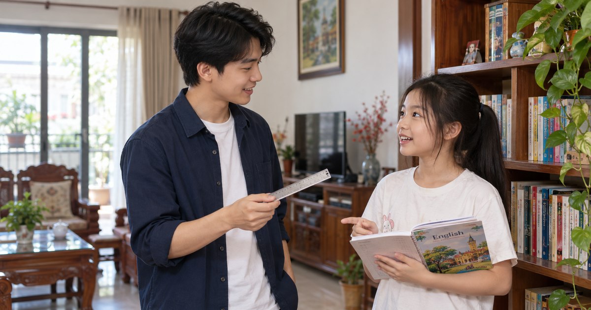 Gia sư và học sinh luyện lượt nói tiếng Anh với đồ vật trong phòng