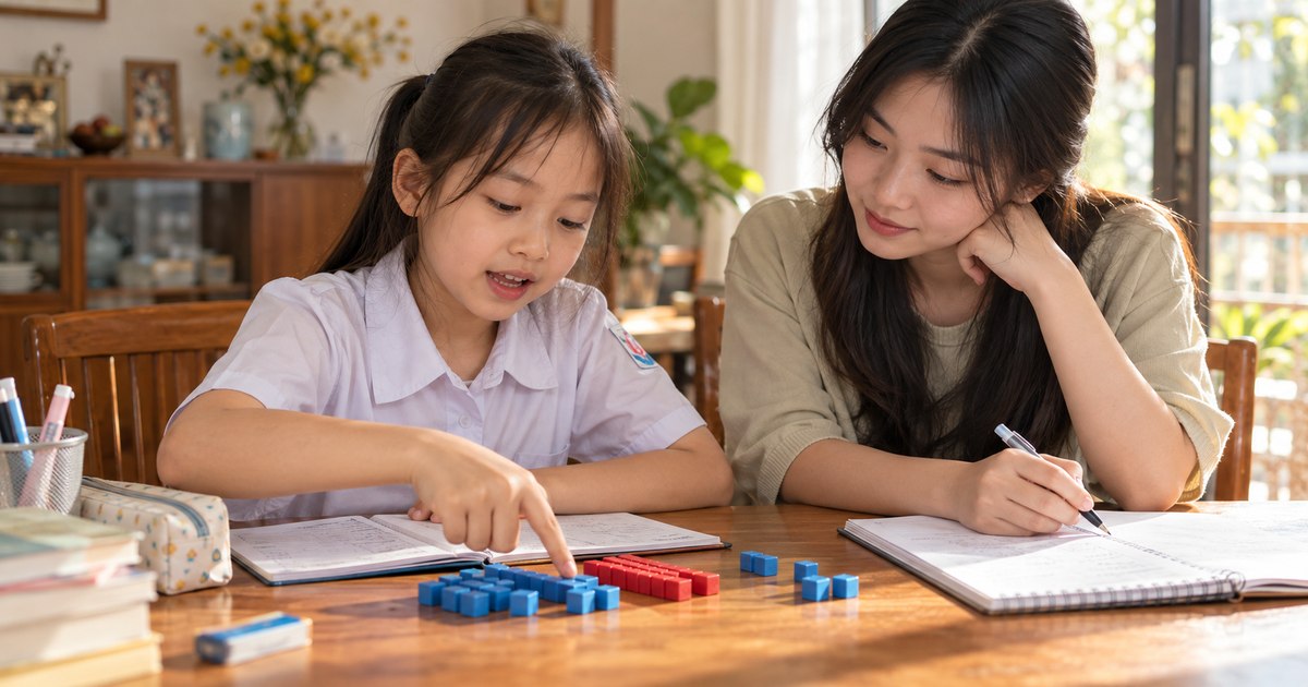 Gia sư và học sinh Việt Nam trong buổi học về cộng có nhớ
