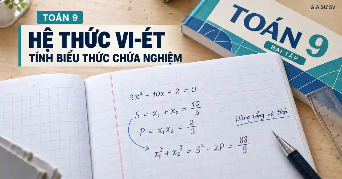 Vở ghi bài vận dụng hệ thức Vi-ét lớp 9: dùng tổng và tích hai nghiệm để tính biểu thức