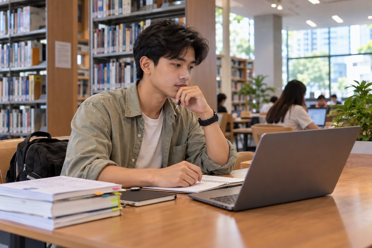 Sinh viên Việt Nam chuẩn bị hồ sơ CV gia sư tại góc học trong thư viện