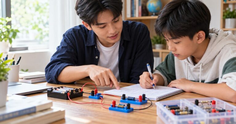 Gia sư và học sinh xem mô hình mạch pin nhỏ khi học định luật Ohm