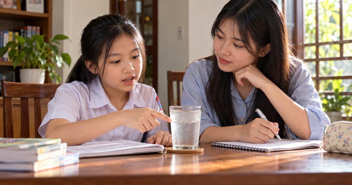 Gia sư và học sinh Việt Nam trong buổi học về học khtn khó giải thích hiện tượng