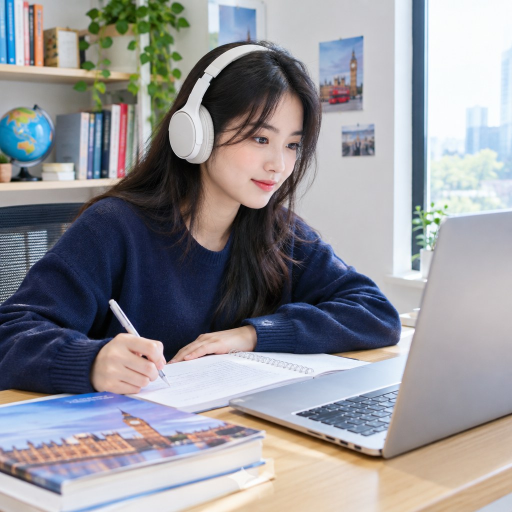 Học sinh Việt Nam luyện IELTS và ngoại ngữ với laptop và tai nghe
