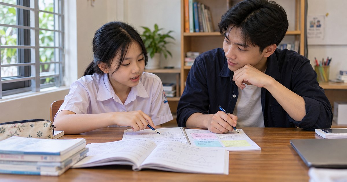 Gia sư và học sinh Việt Nam trong buổi học về kết thúc buổi gia sư