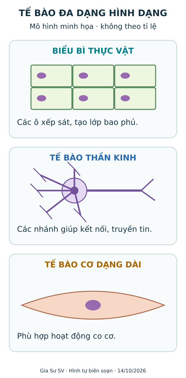 Ba mô hình tế bào biểu bì, thần kinh và cơ; hình dạng gắn với chức năng, không theo tỉ lệ.