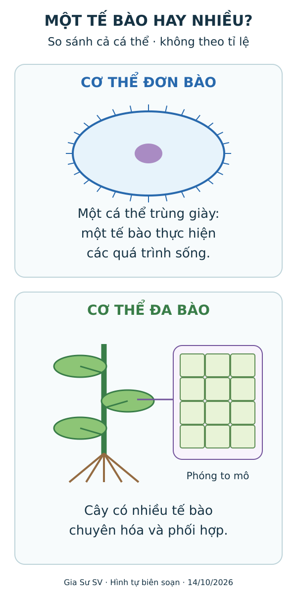 Mô hình so sánh cá thể đơn bào với cơ thể đa bào, không theo tỉ lệ.