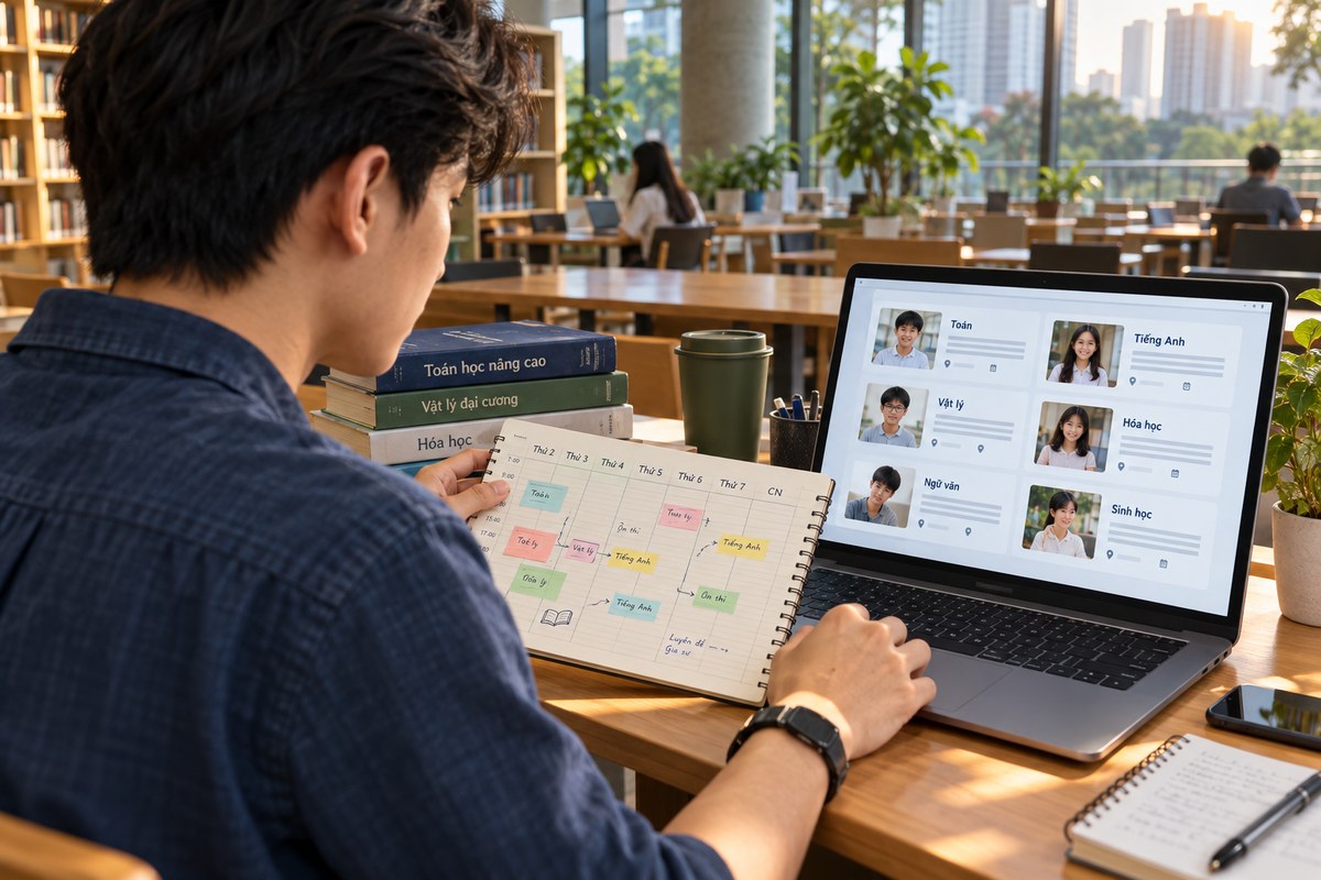 Gia sư so sánh lịch tuần và thông tin lớp trên laptop