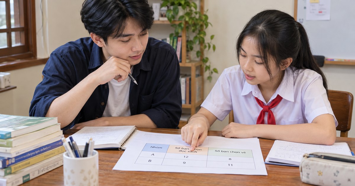 Gia sư và học sinh Việt Nam trong buổi học về đọc bảng số liệu trả lời sai