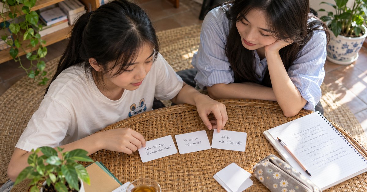 Học sinh tự trả lời trước khi lật thẻ câu hỏi cùng gia sư