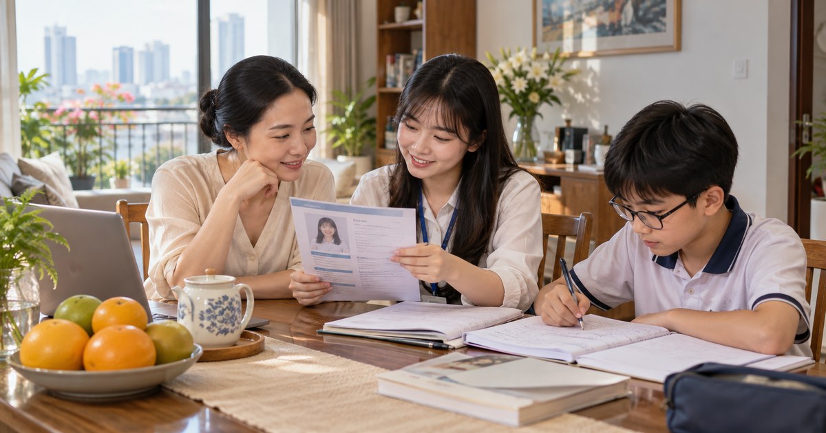 Phụ huynh và gia sư trao đổi hồ sơ trước khi thống nhất kế hoạch học
