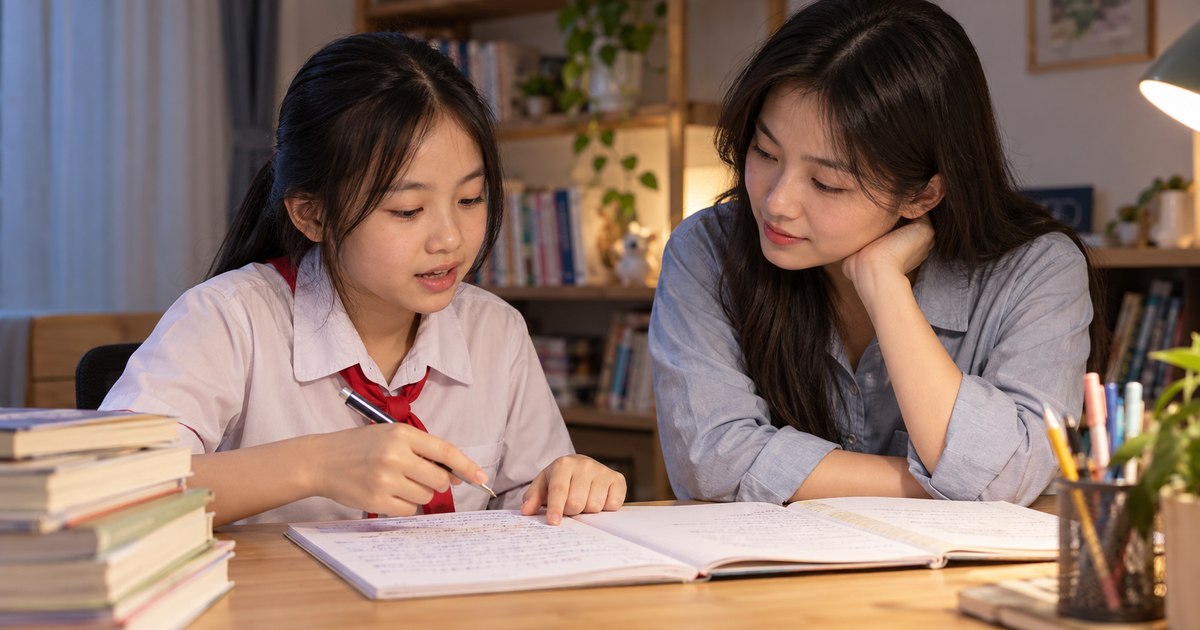 Gia sư và học sinh Việt Nam trong buổi học về viết đoạn văn bị lạc đề
